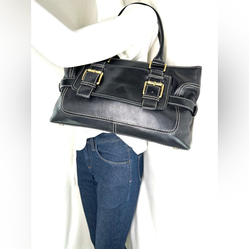 Michael Kors Black Leather Medium Shoulder Bag Side Belted Brass Logo Buckles - Picture 2 of 13